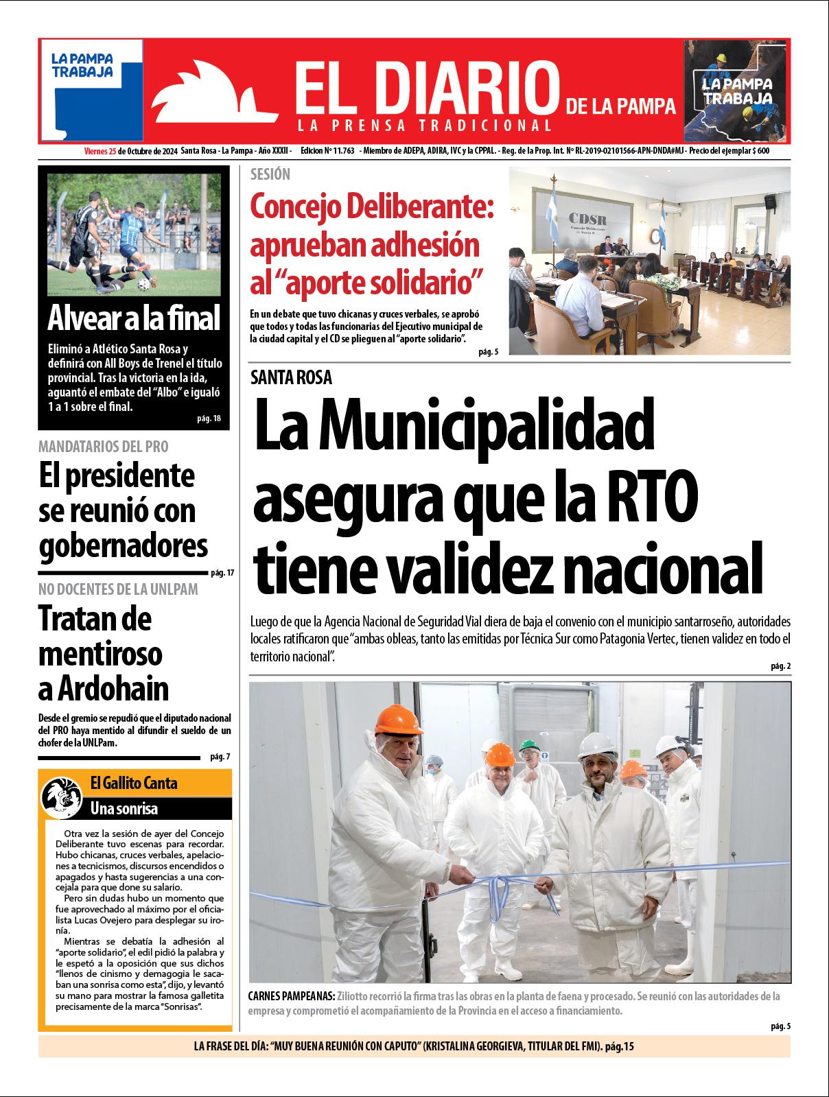 Tapa de El Diario en papel  viernes 25 de octubre de 2024